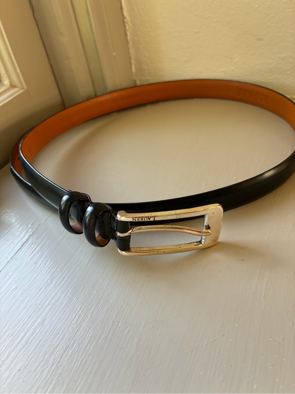Lauren Ralph Lauren Navy Blue Italian Leather Womens Skinny Belt M Silver Buckle